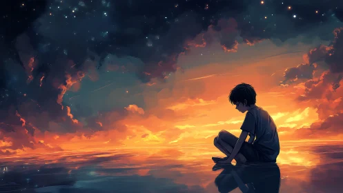 Stargazing child adrift on a molten sunset mirror sea.