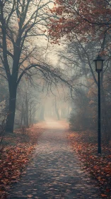 Misty Autumn Park Path with Vintage Lamppost.