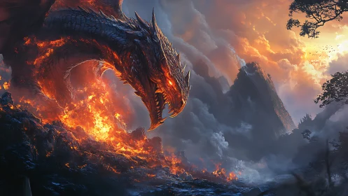 Dragon over volcanic landscape with smoke and distant peaks.