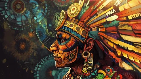 Aztec-inspired profile portrait merges glyph motifs and neon geometry