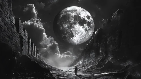 Monochrome lunar corridor with colossal moonlit horizonscape.