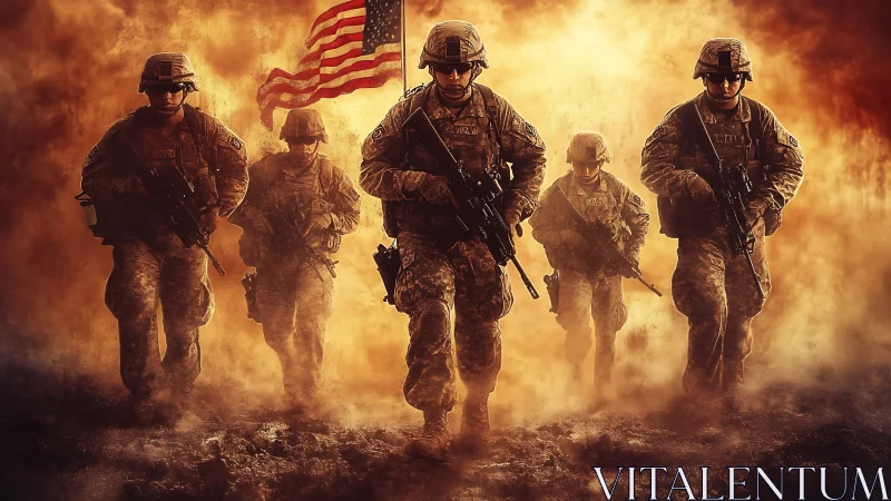 Soldiers move forward through smoky battlefield environment