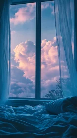 Soft dawn clouds outside a cozy rumpled bedroom window.