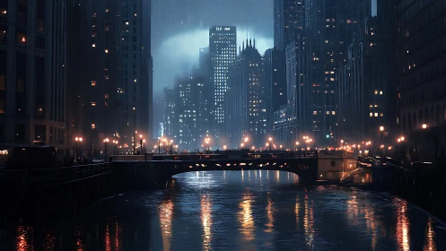 Rainlit river bridge under brooding neon city glow.