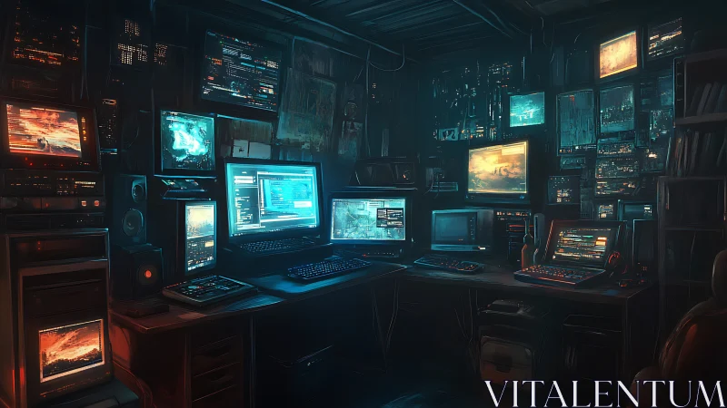 Cyberpunk command center with multi-monitor hacker workstation.