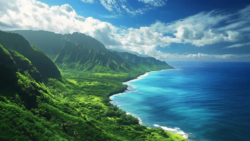 Kauai Coastal Valley with Pali Cliffs and Ocean.