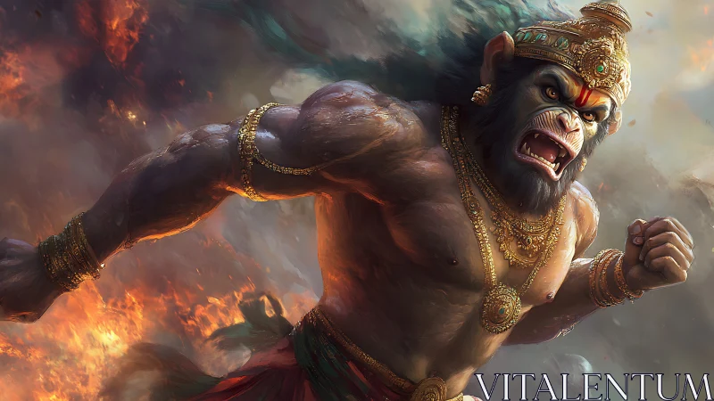 Mythic warrior monkey charges through burning stormfield.