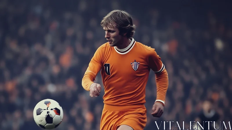 Retro soccer hero chasing the ball in roaring stadium light.