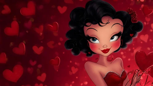 Retro Pin-Up Character Surrounded by Romantic Hearts