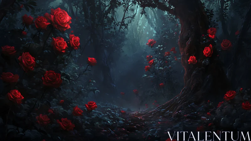 Dark forest path with red roses in dim light conditions