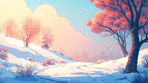 Winter sun paints coral crowns on trees above silent snow