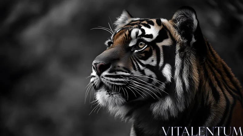 Midnight monarch tiger gazes into storm-silent distance.