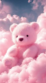 Plush bear model positioned within stylized pink cloudscape