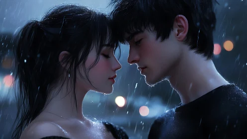 Two figures in rain with bokeh lighting backdrop and wet surfaces