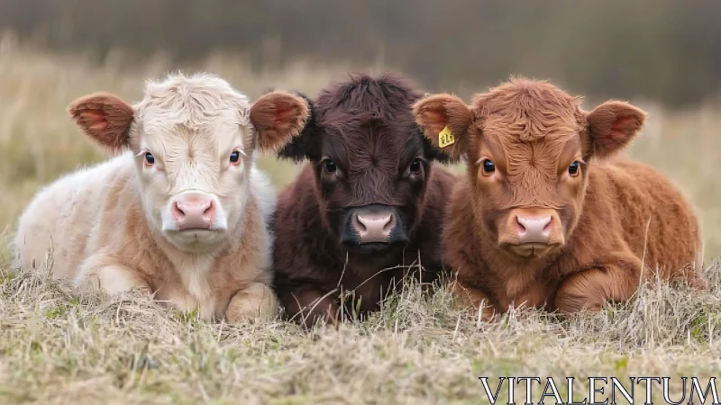 Three young calves rest closely aligned on grassy field