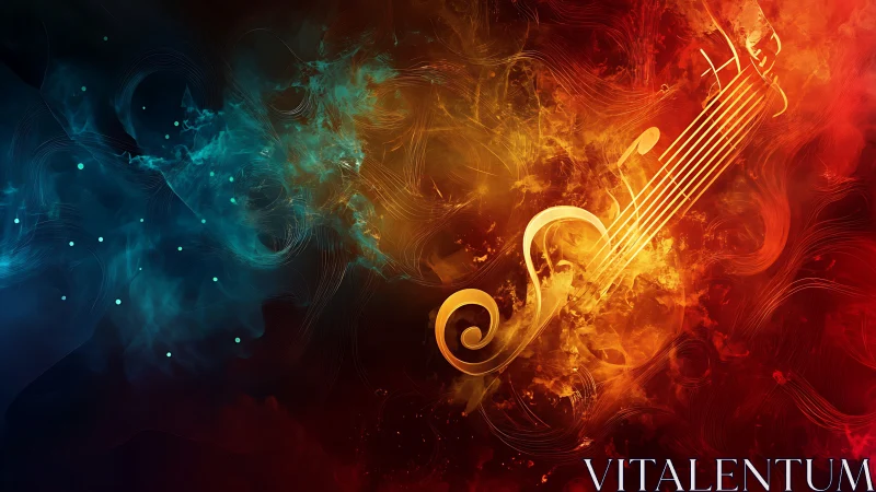 Fiery digital violin silhouette with swirling musical energy.