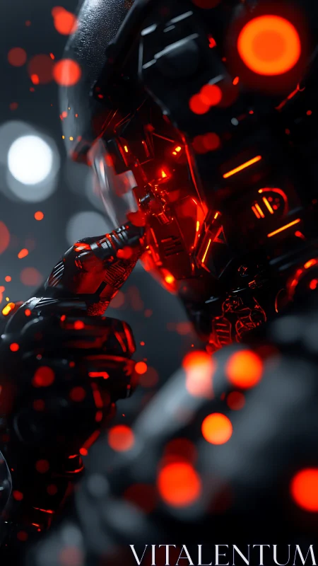 Neon embers drift while a cyber soldier recalibrates silence