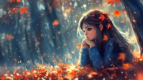 Girl seated in autumn forest with falling orange leaves.