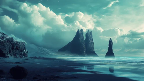 Coastal Rock Formations in Turquoise Waters Under Clouded Sky