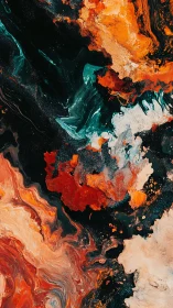 Abstract fluid composition with red, orange and teal forms.