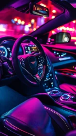Luxury sports car cockpit glows in neon city lights