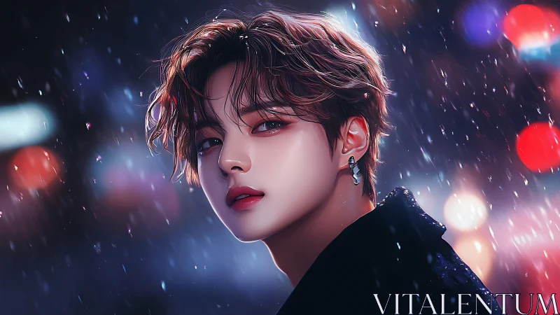 Digital portrait of youthful figure in nocturnal city rain.