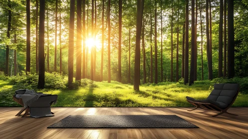 Modern sunlit forest interior with contemporary seating arrangement.