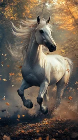 White horse running through autumn forest in lighted dust.