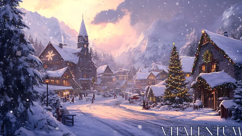 Snowlit mountain village wrapped in golden holiday hush.