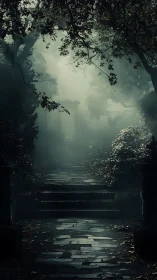 Stone pathway extends through misted garden under dense canopy