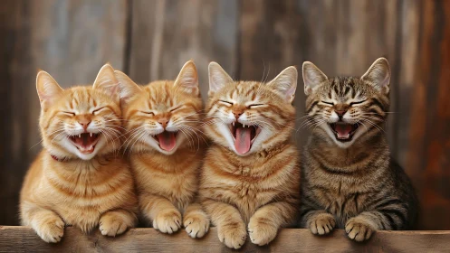 Four Laughing Cats in a Row Displaying Joy and Happiness Together