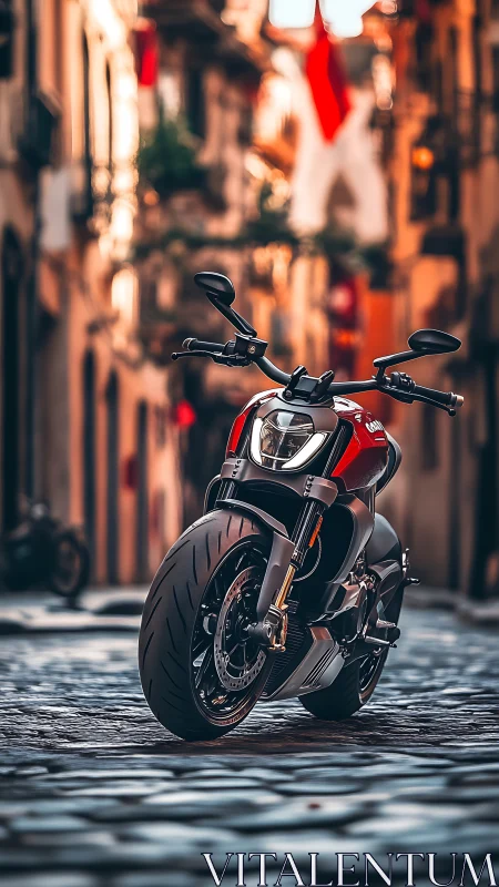 Modern red motorcycle is parked on cobblestone street
