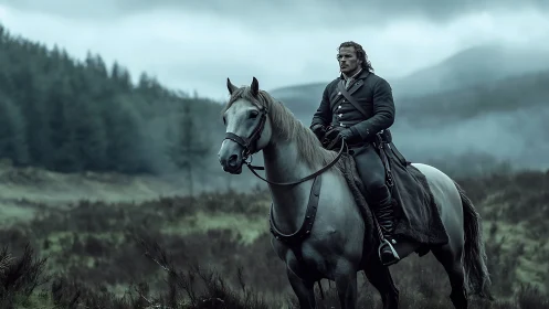 Brooding highland rider halts in mist-wrapped valley dusk.