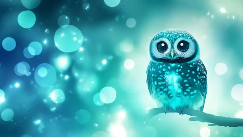 Adorable Blue Cartoon Owl on Glowing Bokeh Background Digital Art.