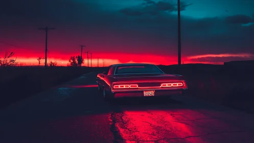 Neon dusk highway cruise under an electric crimson sky.