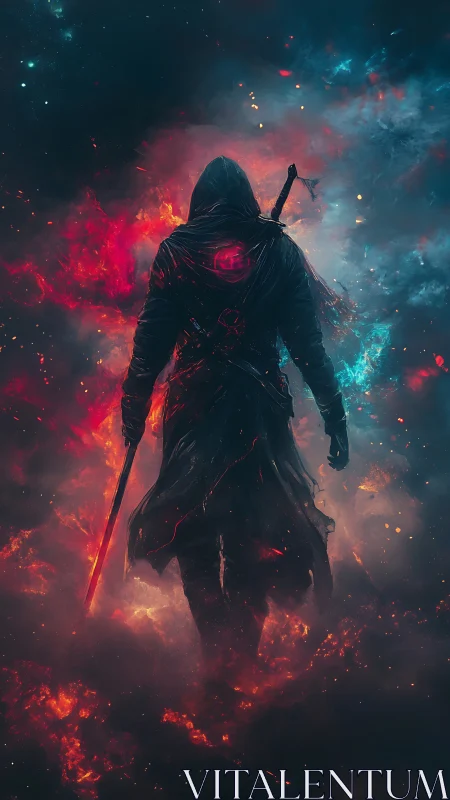 Cyberpunk warrior in nebular flames with dual chroma field.