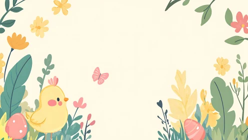 Pastel spring chick illustration framed by floral foliage