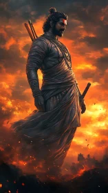 Warrior figure in traditional robes amid burning sky.
