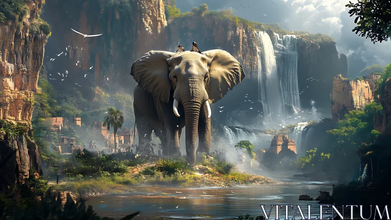 Colossal elephant strides through misted canyon waterfalls