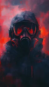 Embermasked wanderer gazes through toxic crimson dusk.