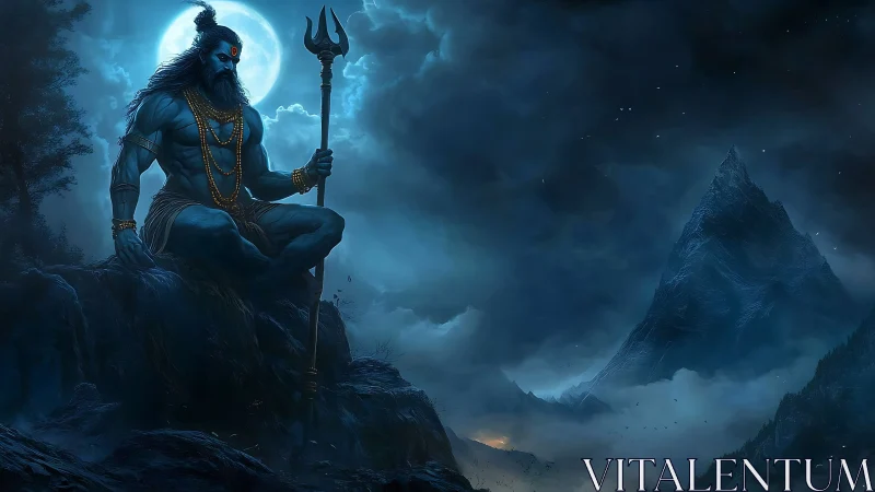 Moonlit blue deity brooding above thunder-wrapped mountains.
