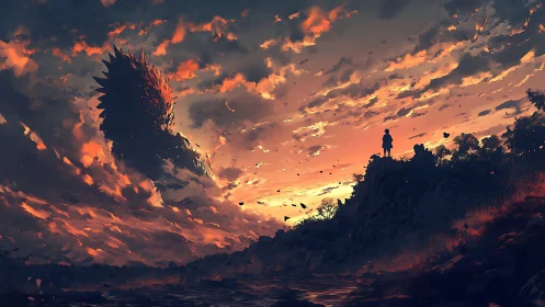 Sunset sky opens as lone wanderer meets towering dragon
