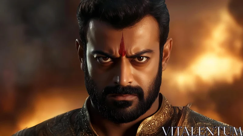 Close frontal portrait of warrior in ornate attire.