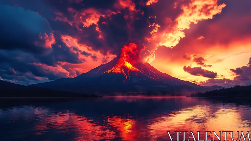 Volcanic eruption over mirrored lake in cinematic twilight glow.