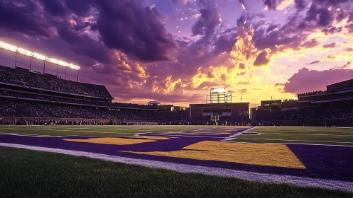 Sunset stadium gridiron with saturated violet end zone.