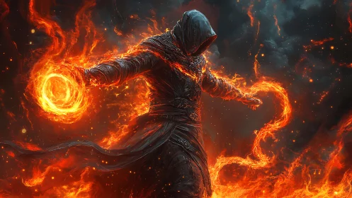 Hooded robed figure manipulating swirling orange fire arcs.