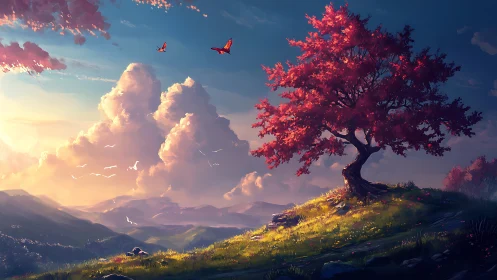 Solitary red tree crowns sunlit hill under vast glowing sky