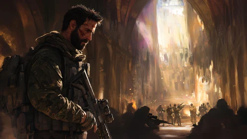 Battle‑worn operator in ruined cathedral combat breach