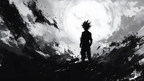 Lone anime warrior confronts a blinding celestial storm