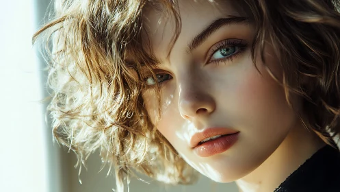Sunlit curls and sea-glass eyes in quiet windowlight gaze.
